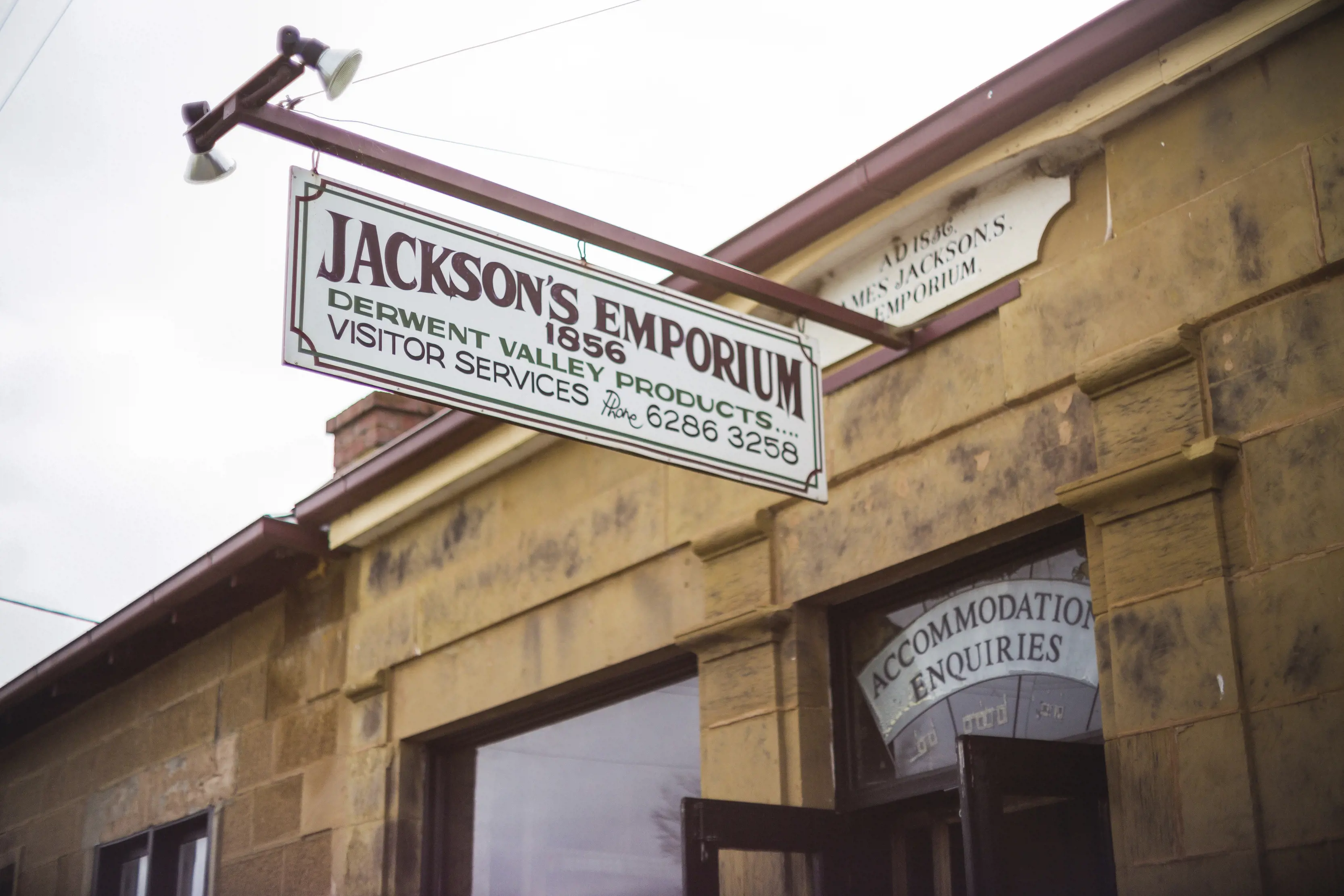 Jackson's Emporium, sandstone shop, front signage dated 1856.