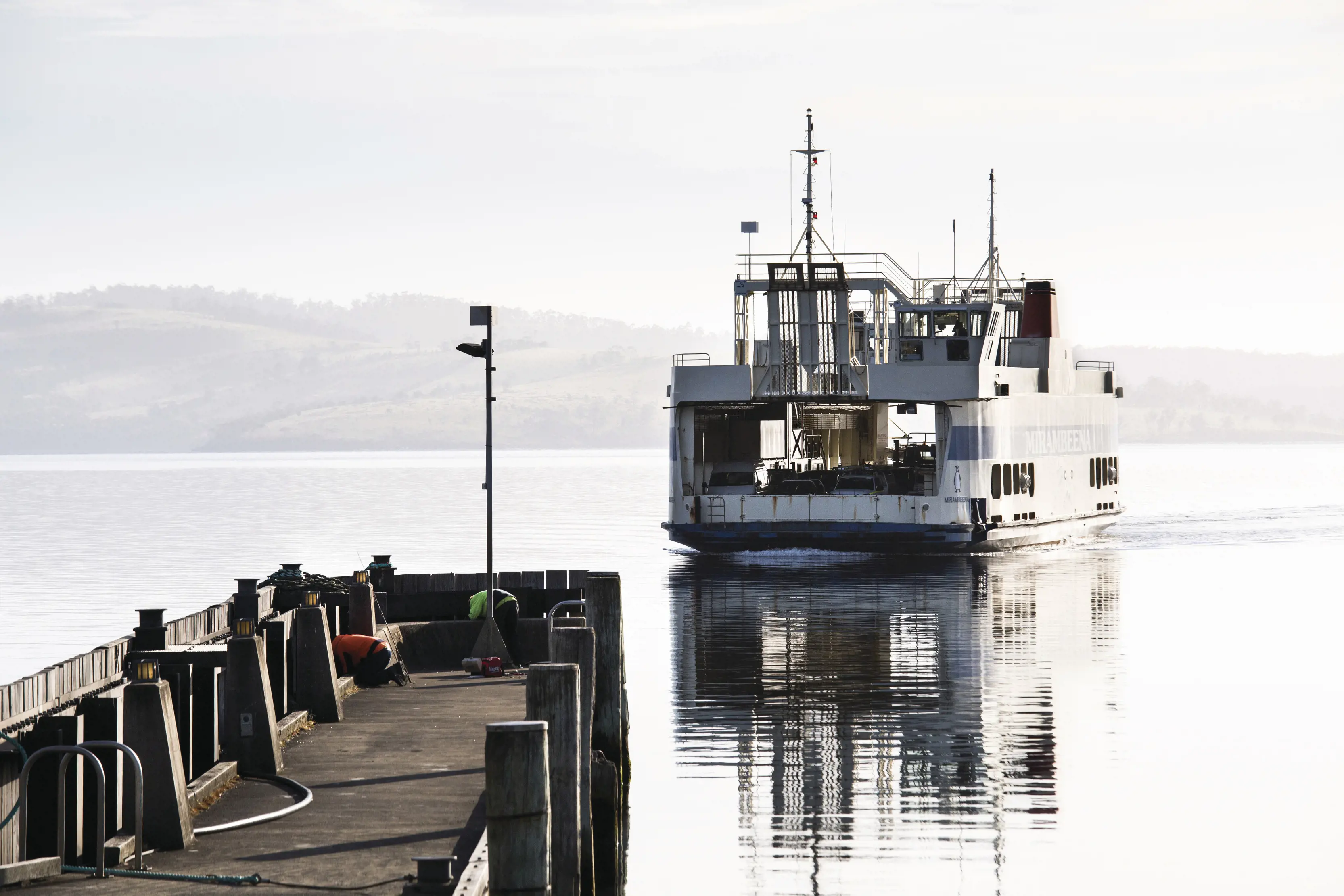 The Bruny Island Ferry, Mirambeena, departs from the seaside township of Kettering.