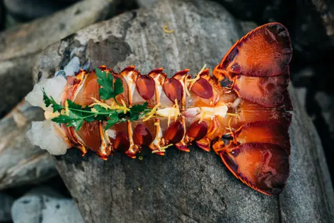 Close up, vibrant image of a cooked crayfish tail.