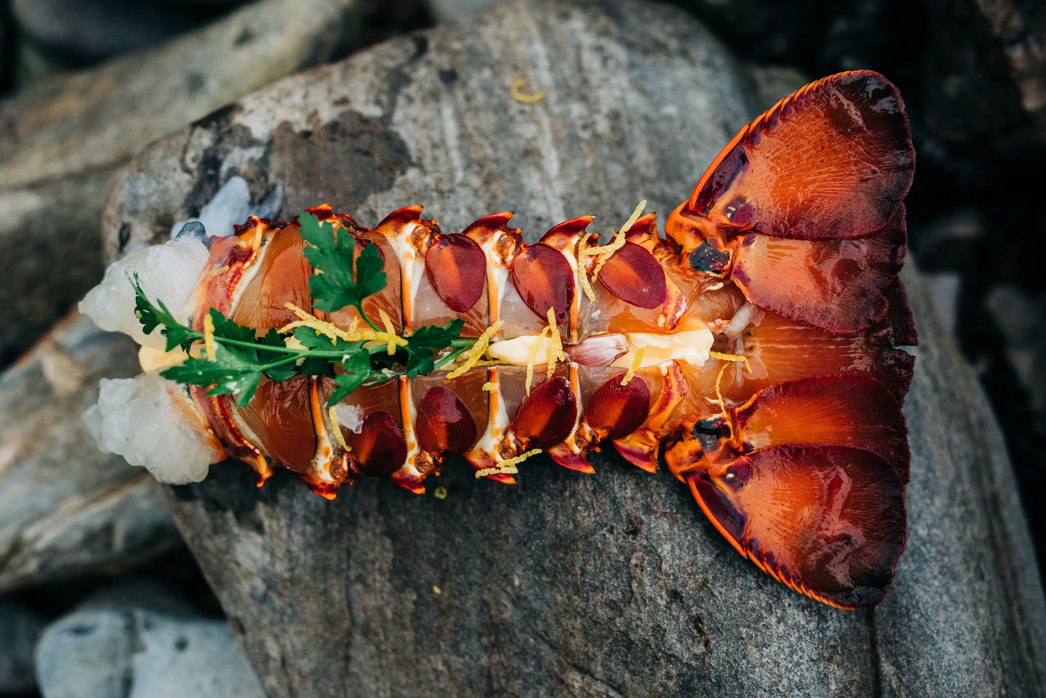 Close up, vibrant image of a cooked crayfish tail.