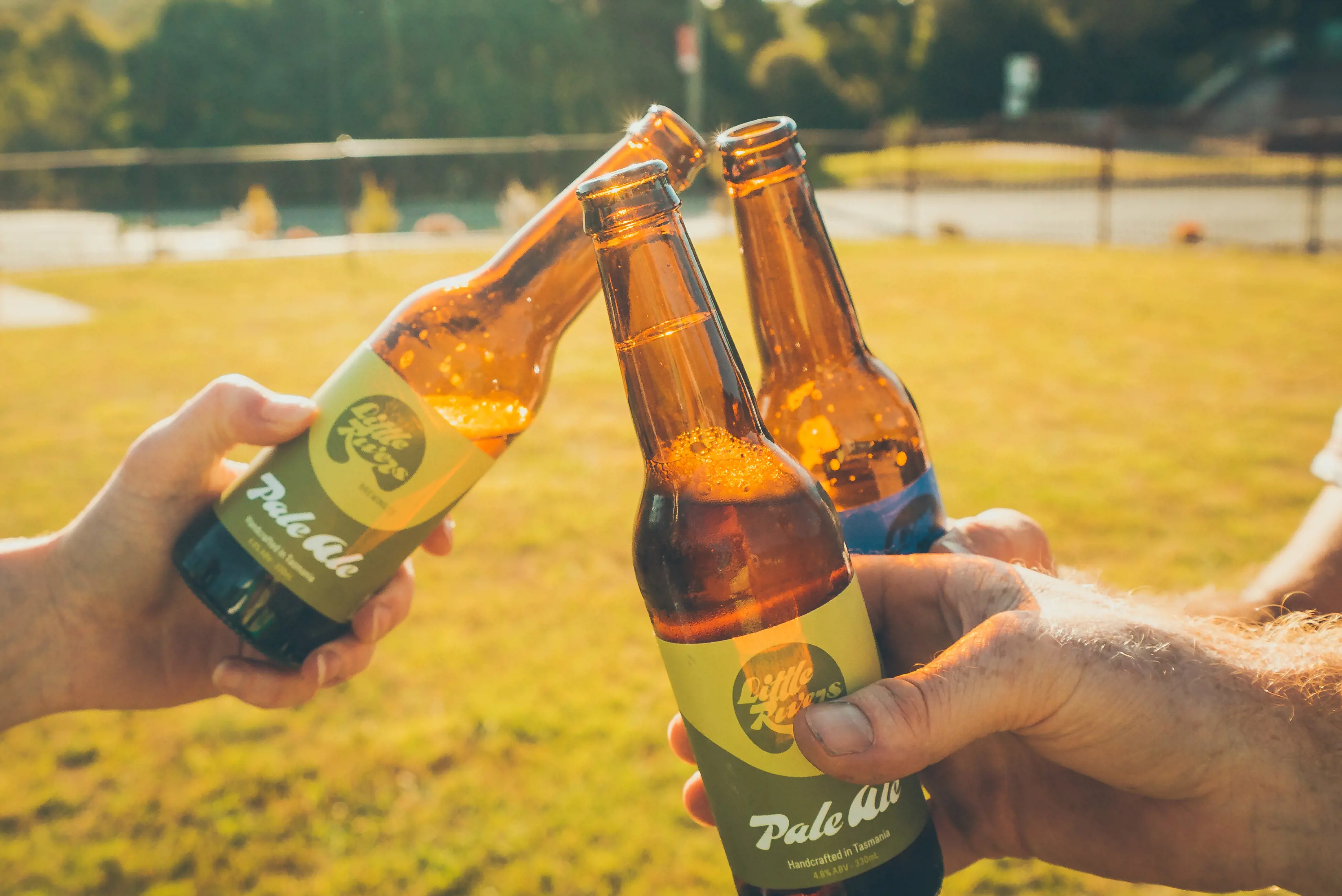 Close up of three hands doing a cheers with bottles of Pale Ale at Little Rivers Brewing Co.