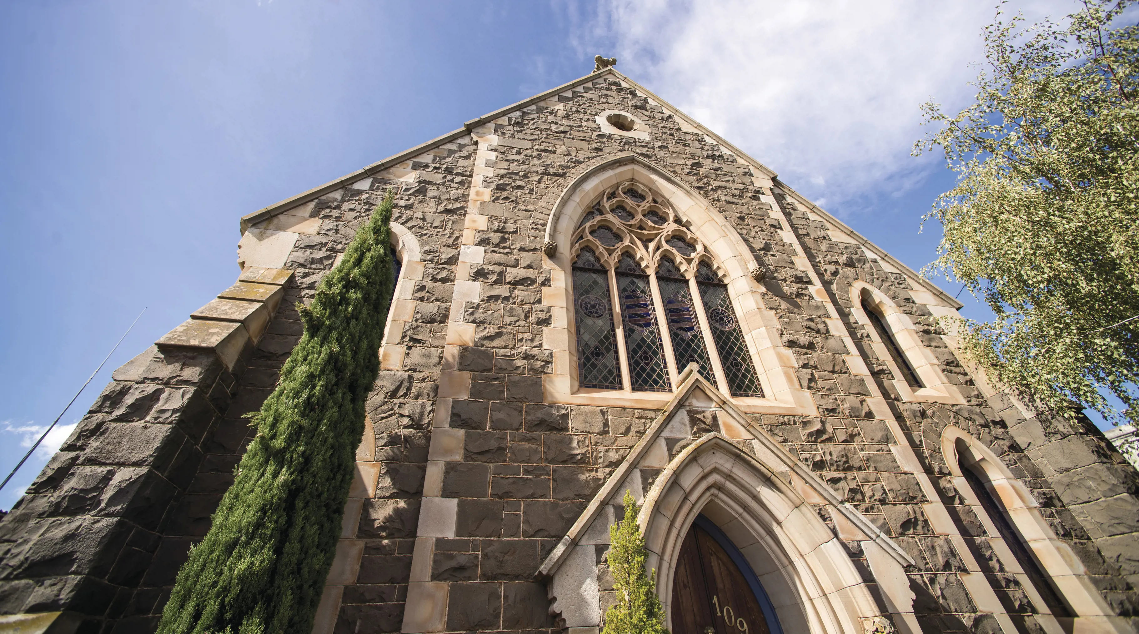 Exterior looking up at Brickhill Memorial Church.