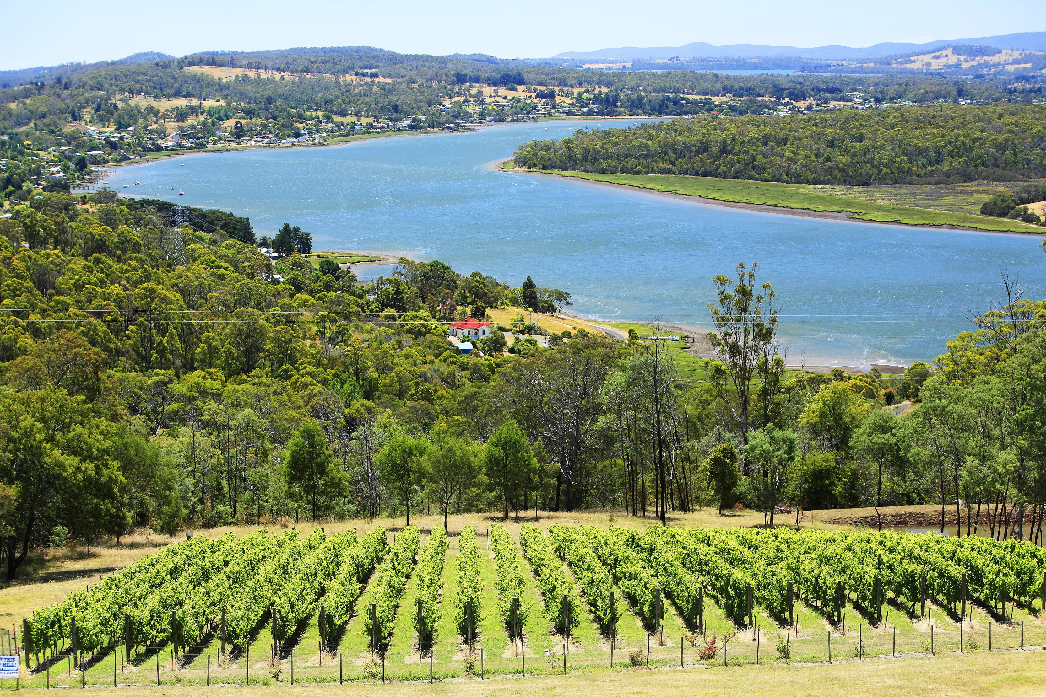 Ariel from Bradys Lookout, showing views over kanamaluka / River Tamar and surrounding areas.