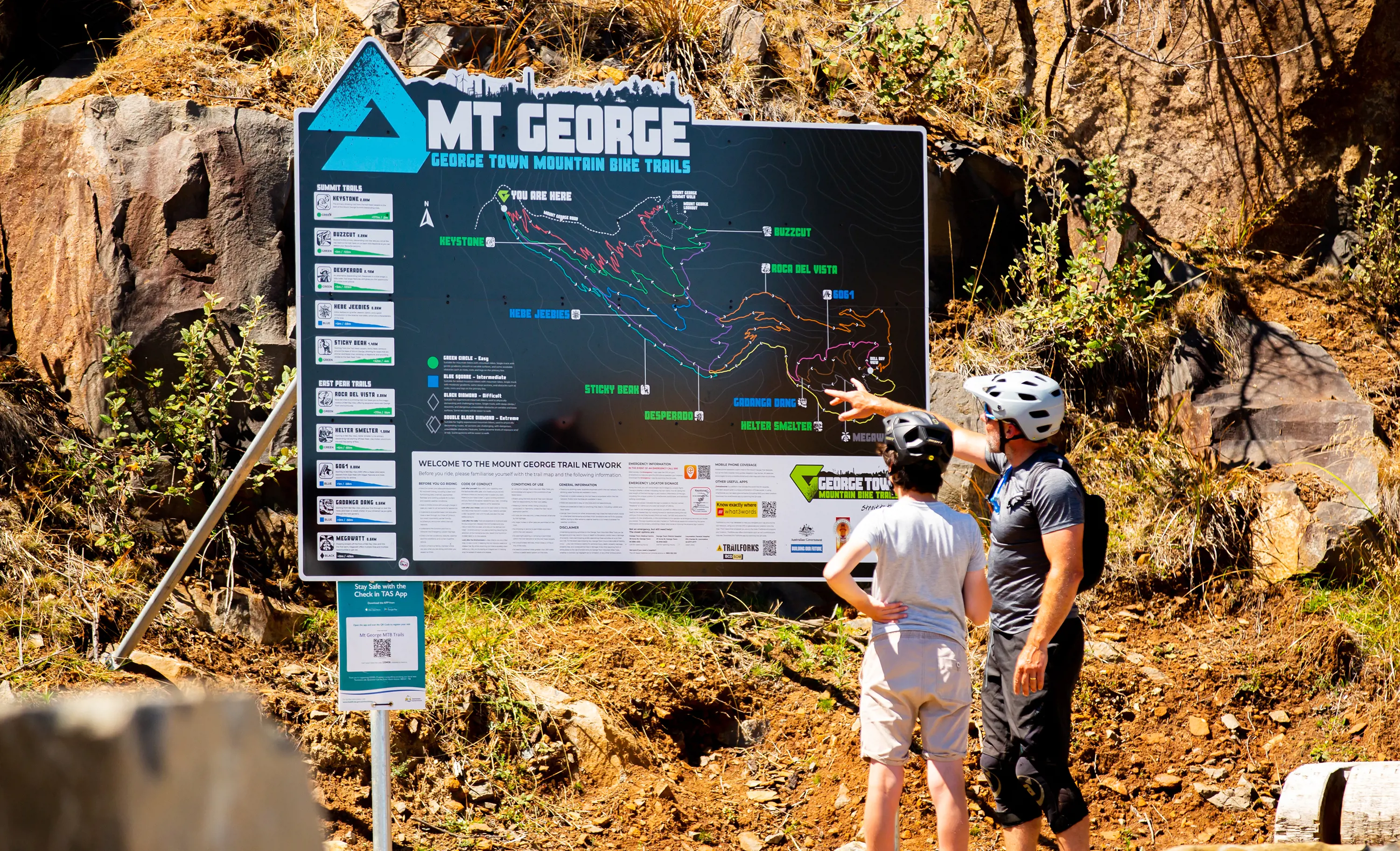A father and sun stand in front of a large sign displaying a track map at Mt George.