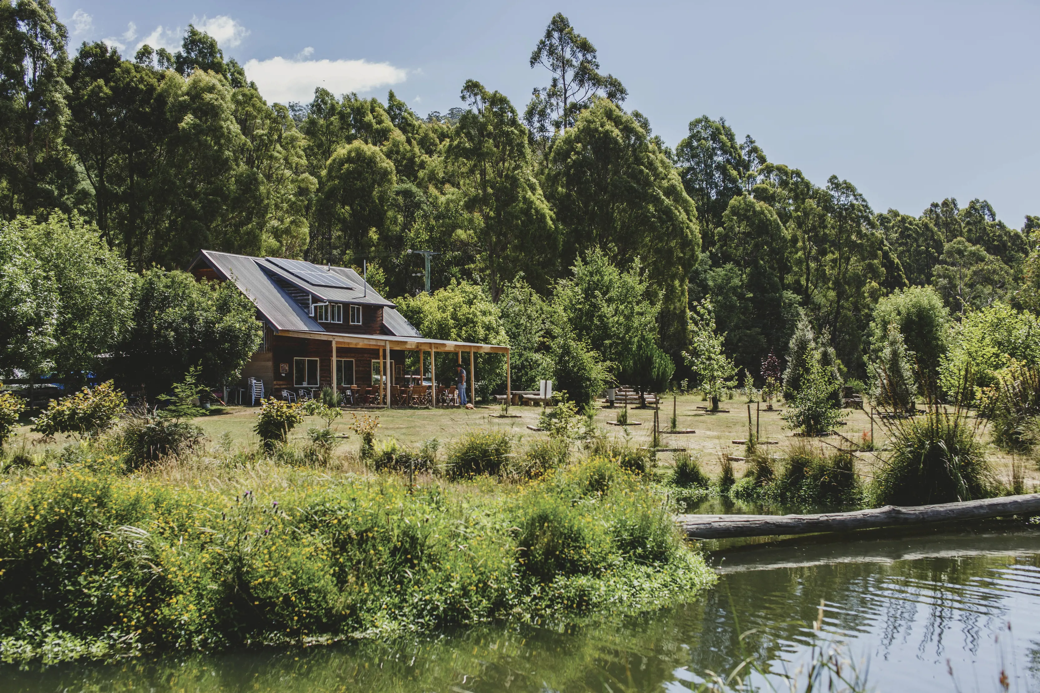 Exterior of the 41 Degrees South Salmon & Ginseng Farm, carved out of 14 hectares of overgrown wilderness at Montana.