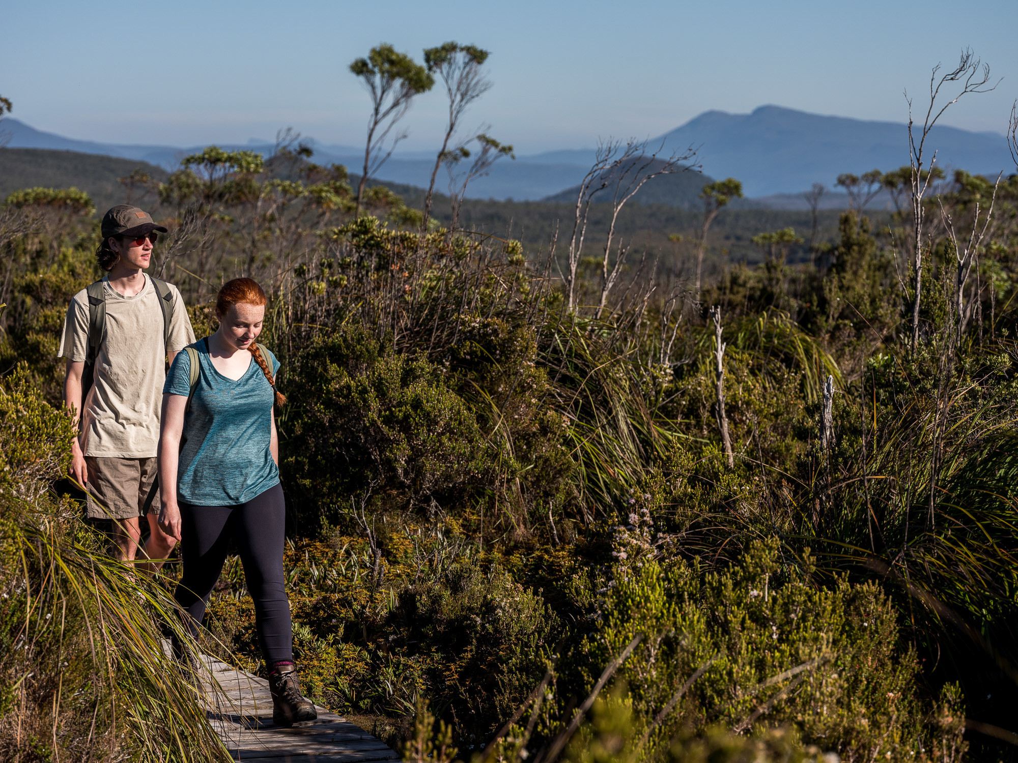 Couple walking along a track within the Hartz Mountains National Park, surrounded by lush bushland.