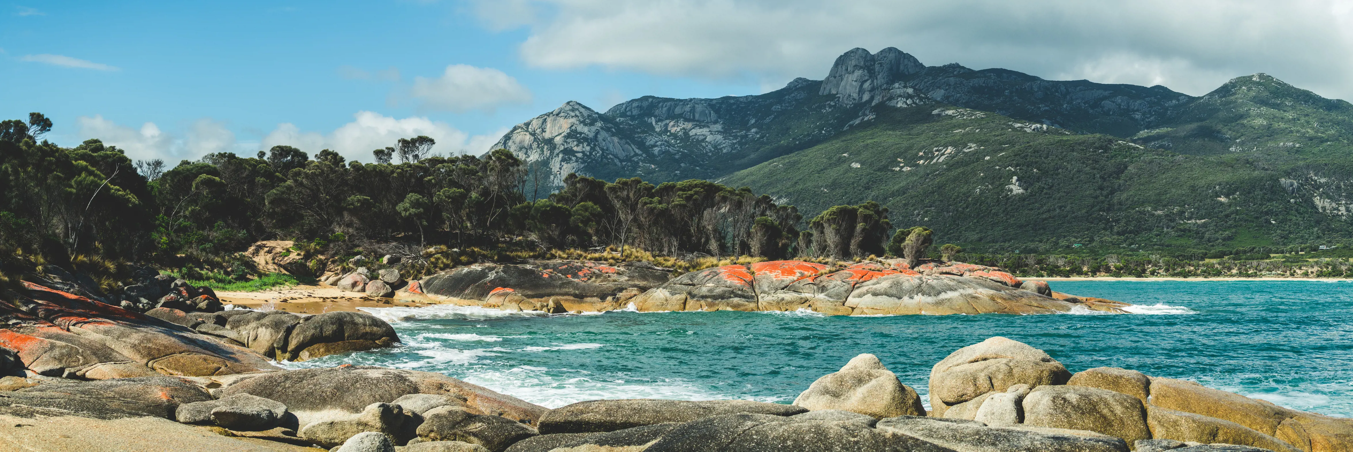 Stunning landscape image of Strzelecki Peaks from Trousers Point, with pristine, blue water and lush, green forest.