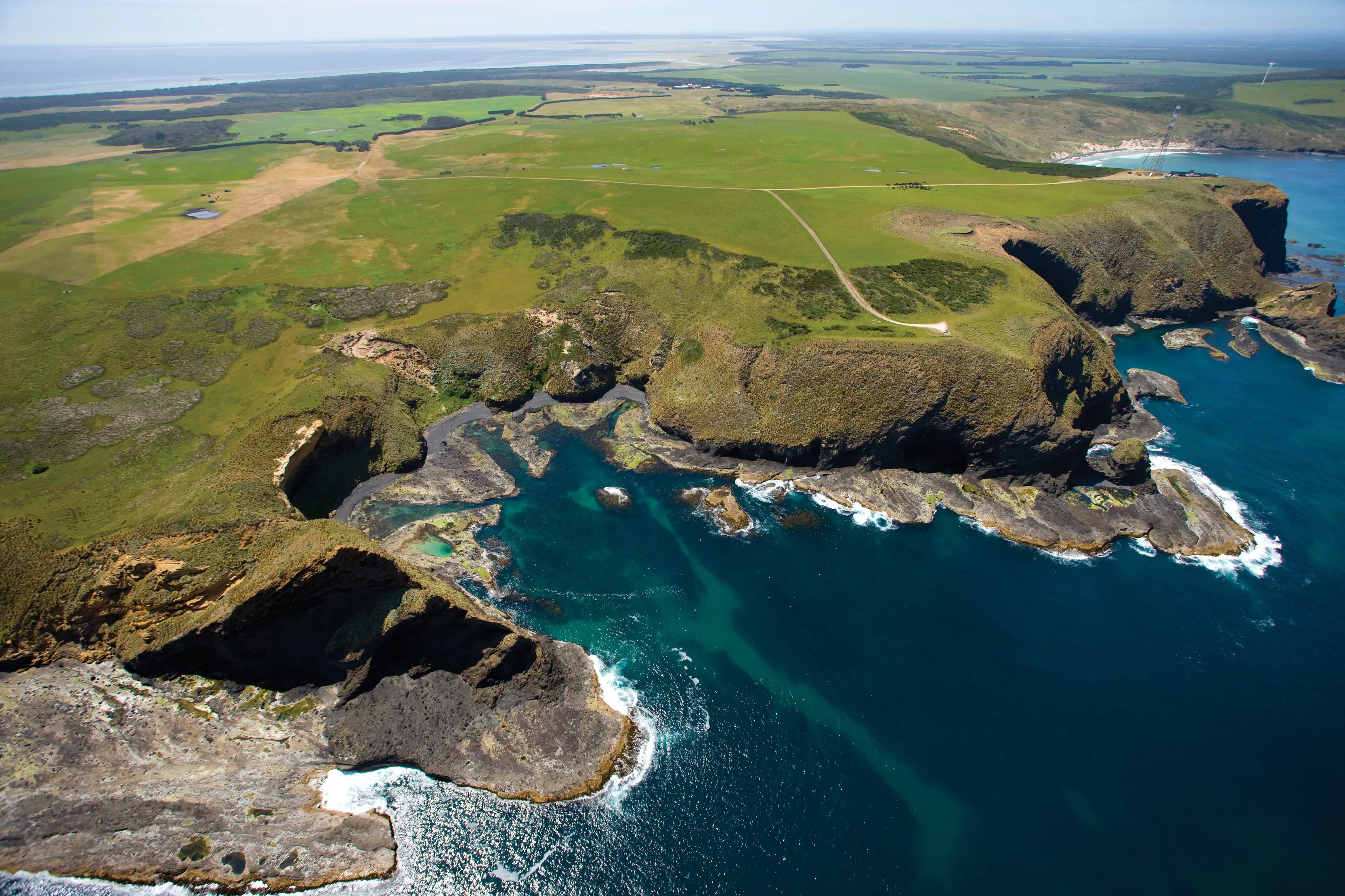 Spectacular aerial image of Kennaook / Cape Grim, Woolnorth. Lush green grassland roll to the cliffside to meet with pristine blue ocean.
