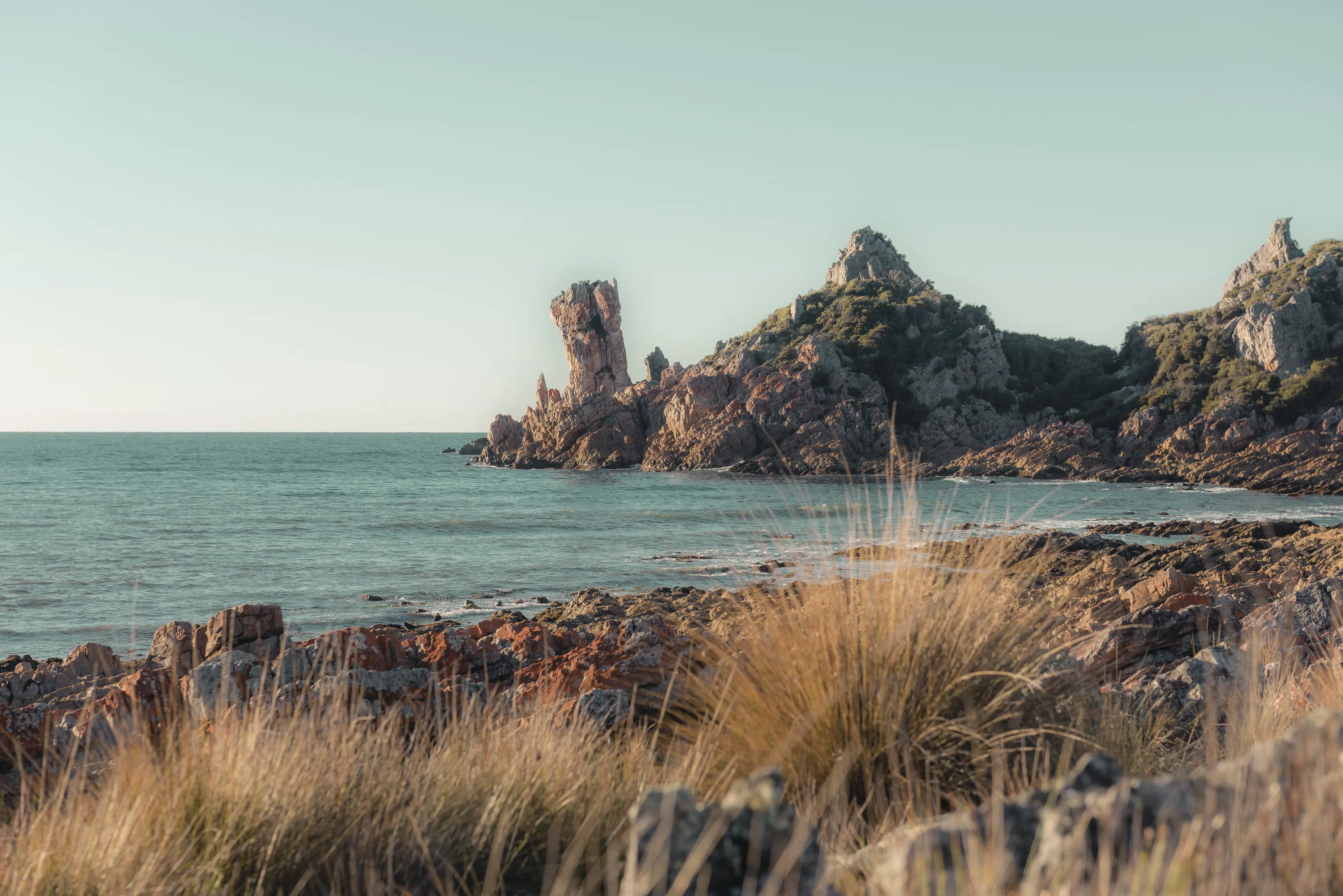 Image of the Rocky Cape Circuit Track, Rocky Cape National Park. Bush and rocks fill the foreground with the ocean in the background. 