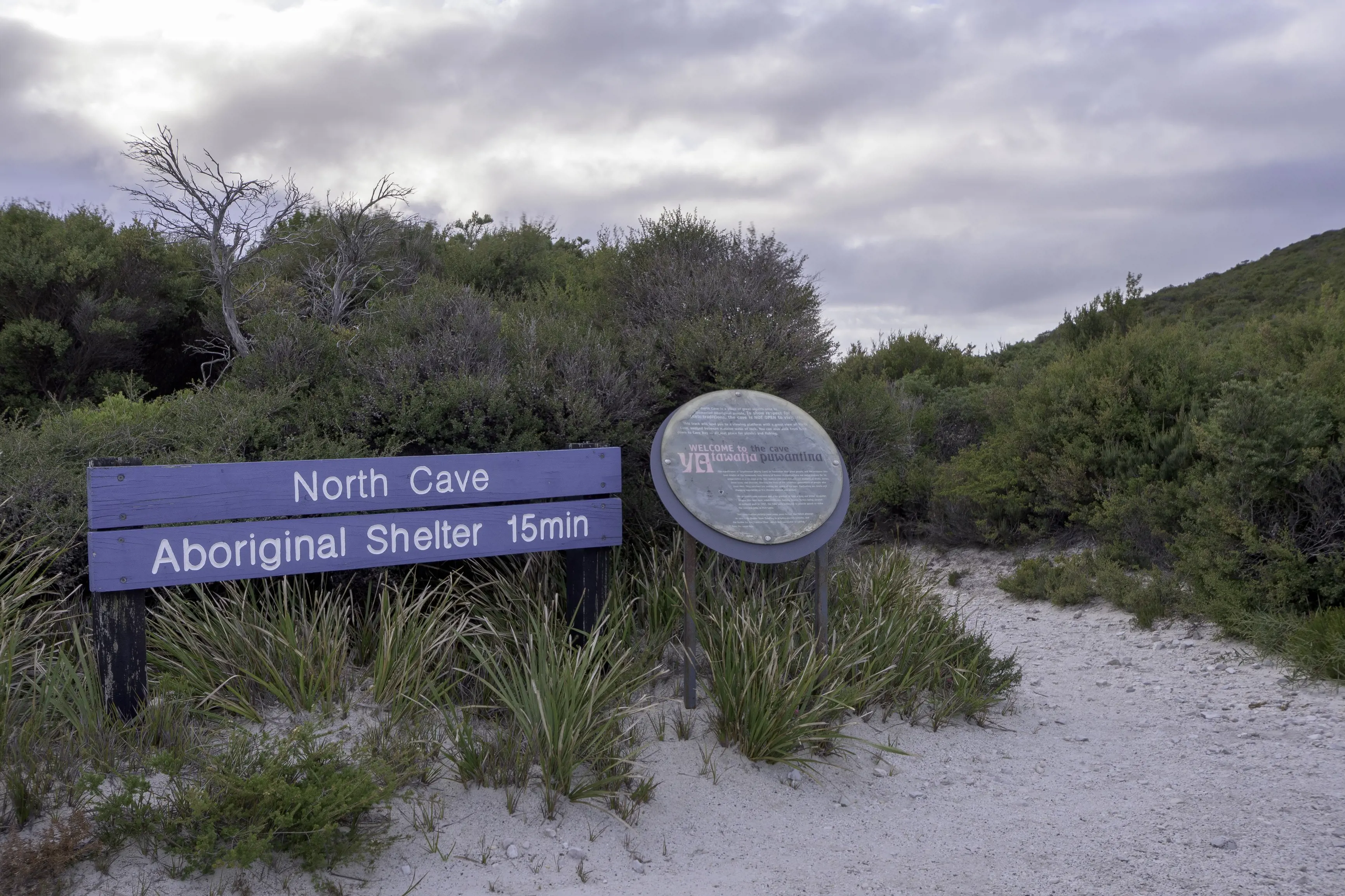 Image of the North Cave sign on the Rocky Cape National Park.