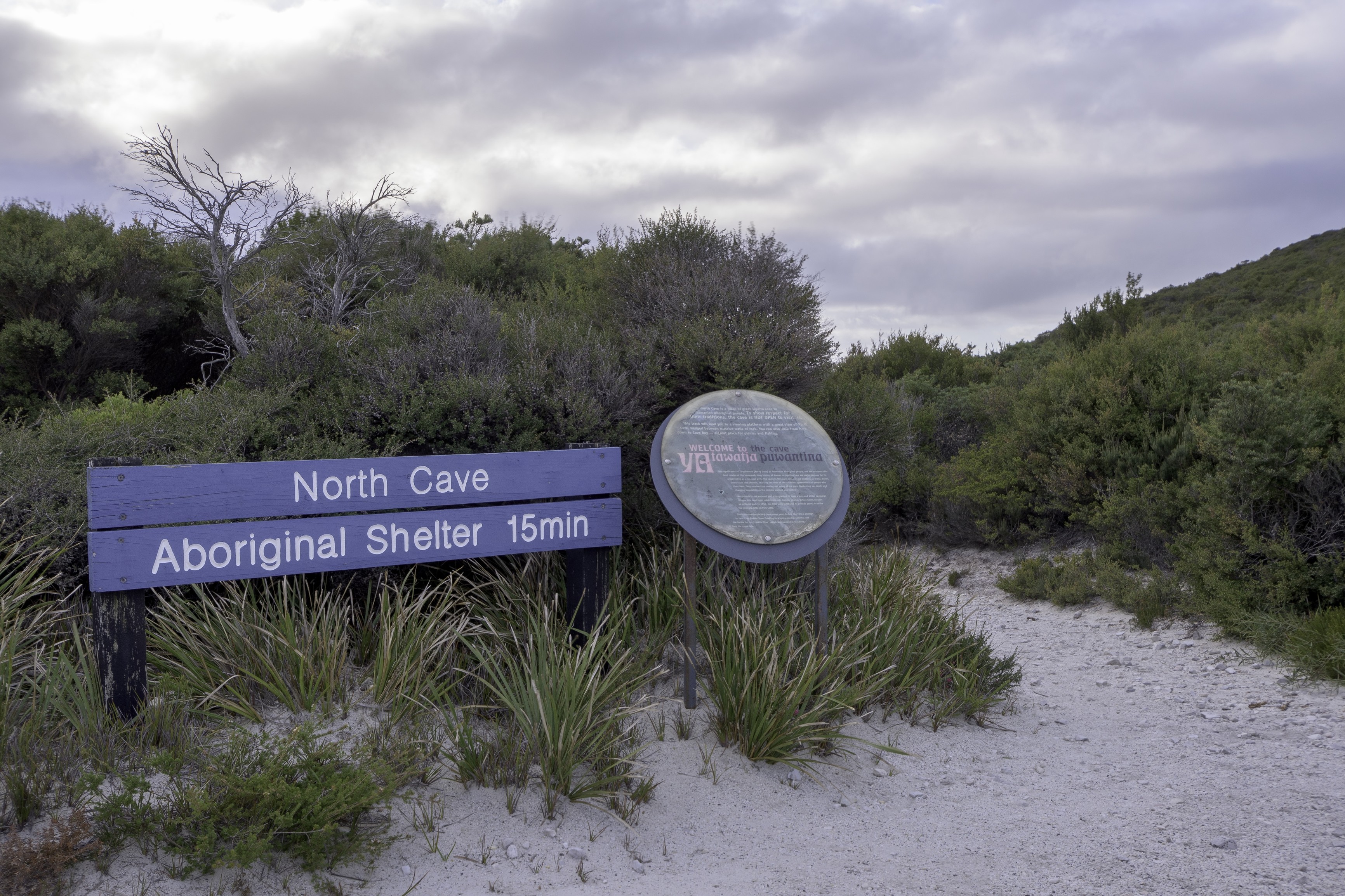 Image of the North Cave sign on the Rocky Cape National Park.