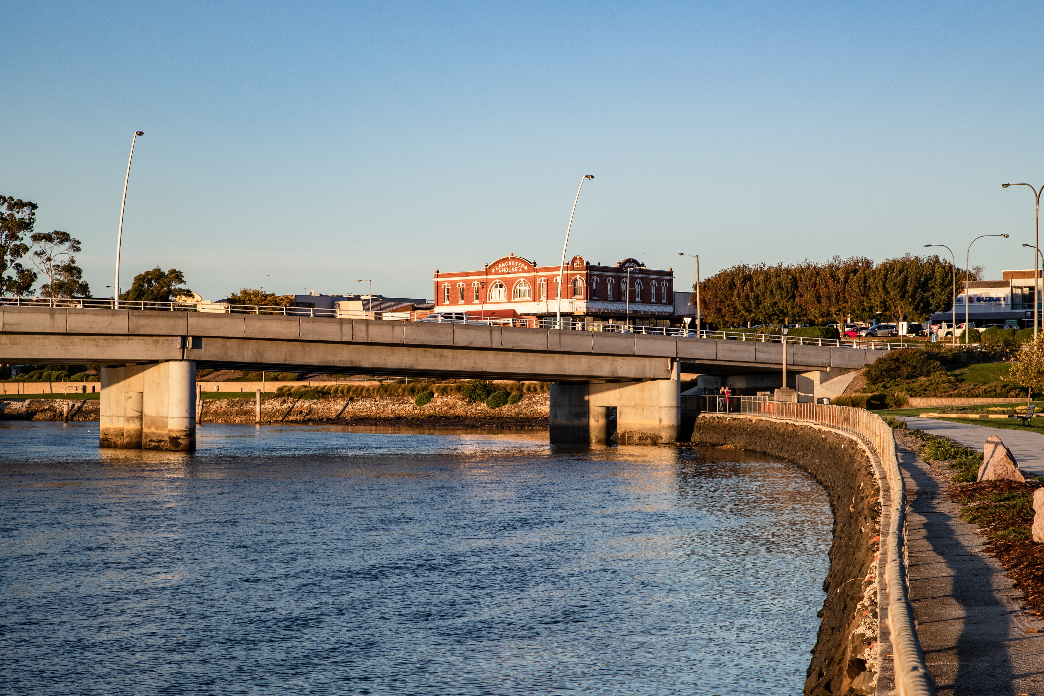 The bustling seaside town of Ulverstone at the mouth of the Leven River captured on a warm sunny morning.