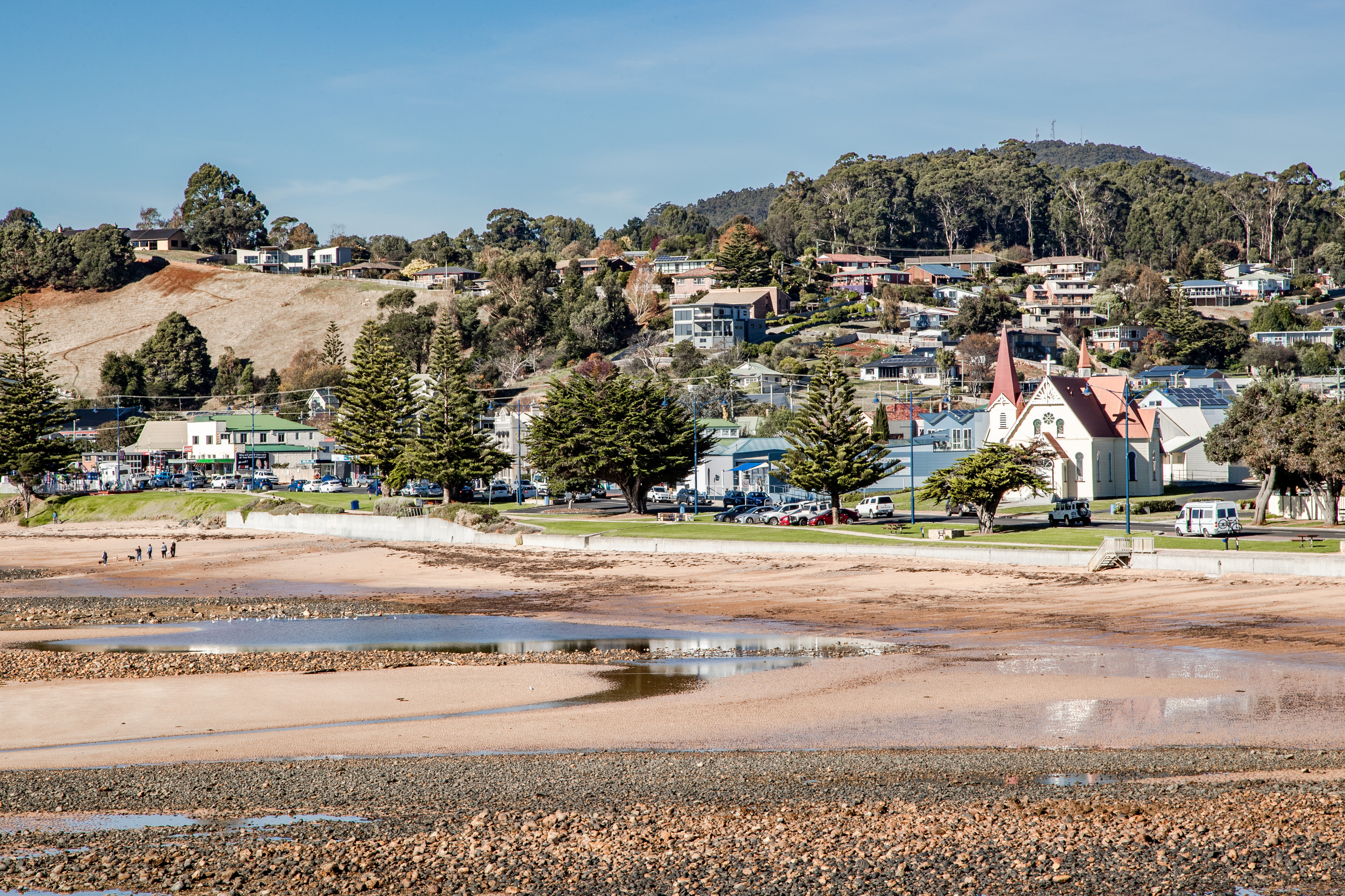 A bright, clear image captured of the Penguin Foreshore. Sand fills the foreground with buildings and bushland fill the background.