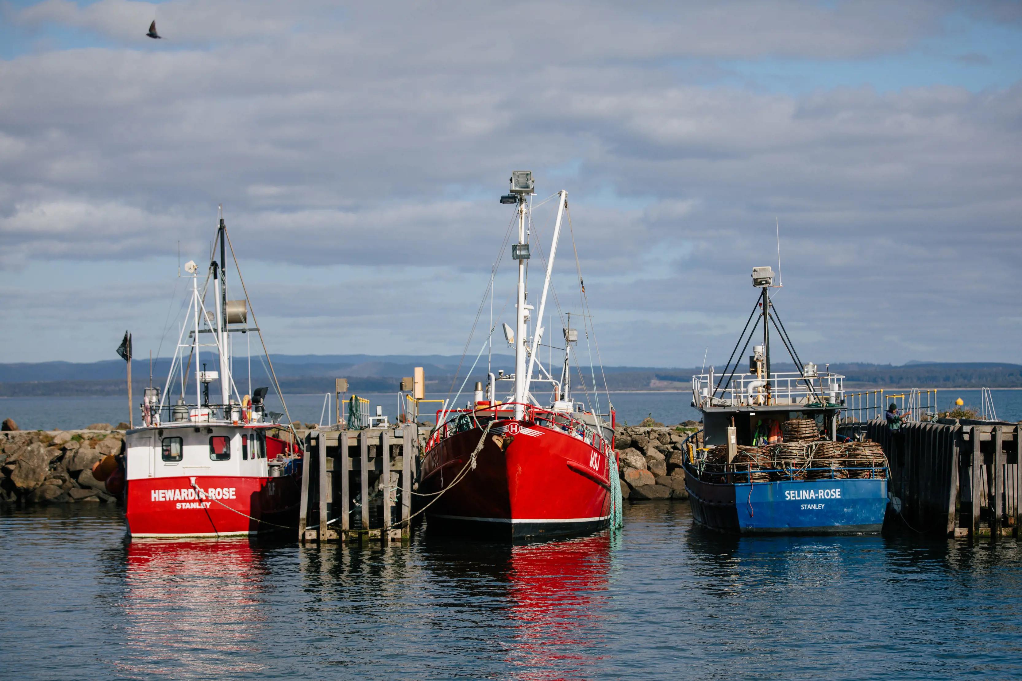 Three boats docked at the Stanley waterfront.