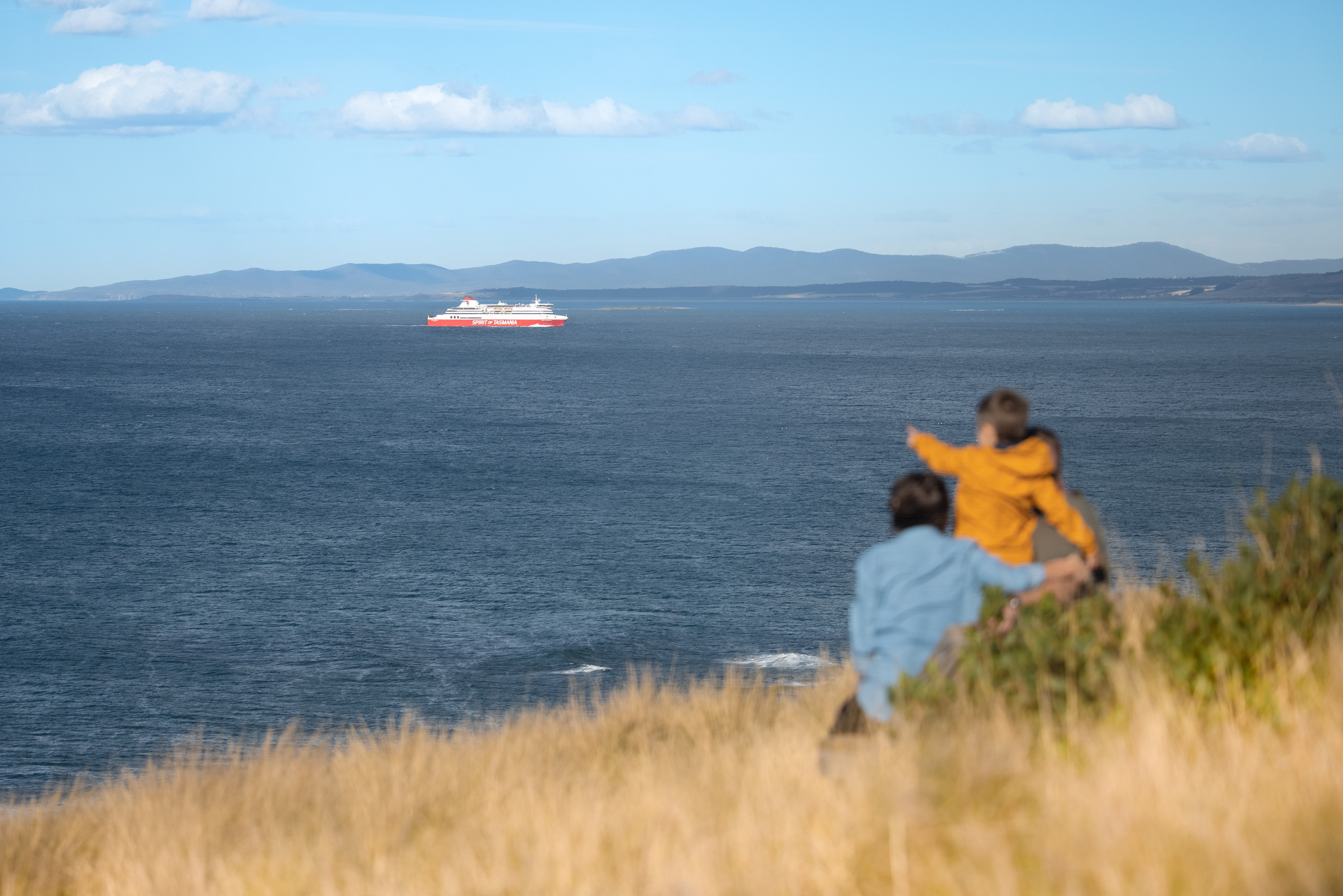 A mother and son sit by the coastline of Don Heads, with the boy pointing out to the Spirit of Tasmania, cruise ship.