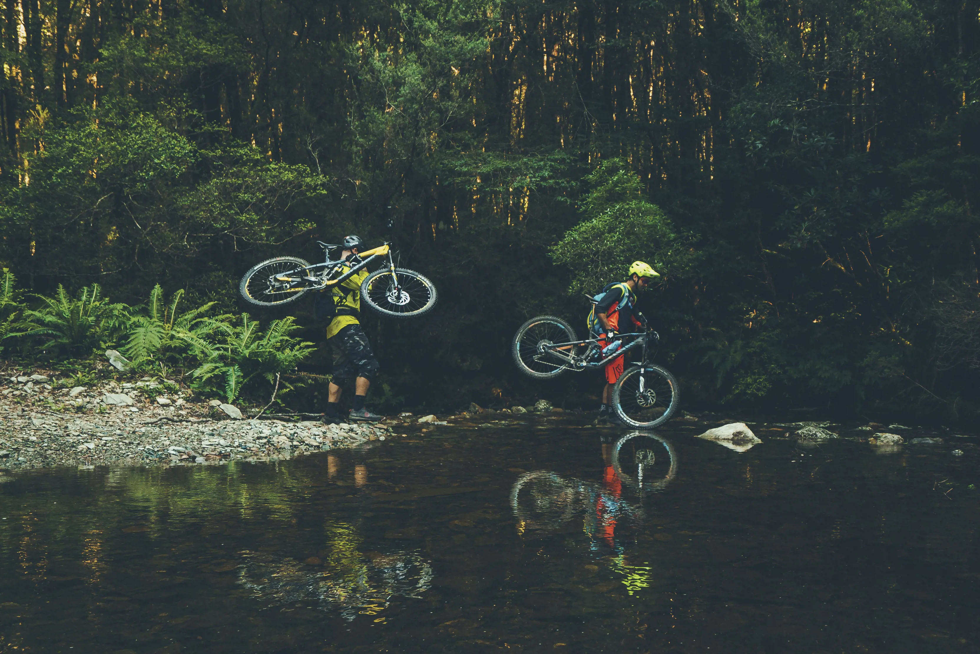 Two mountain bikers pick up their bikes to carry them across the river on the Sterling Valley Track.