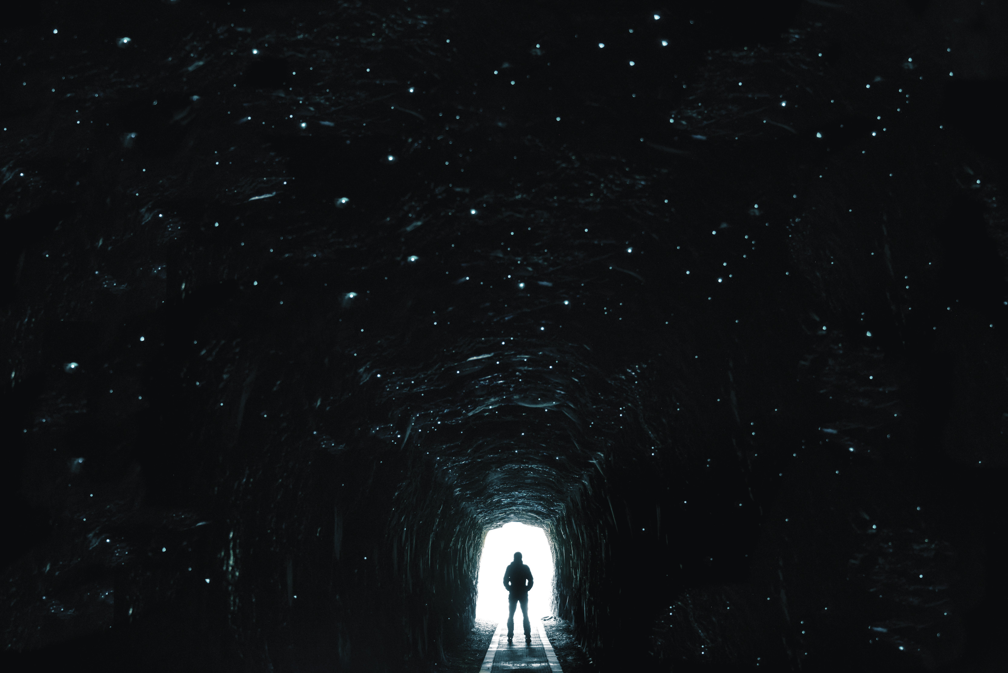 Incredible image take from within the Spray tunnel of a person at the end of the tunnel with vibrant blue glow-worms surrounding the entire tunnel.