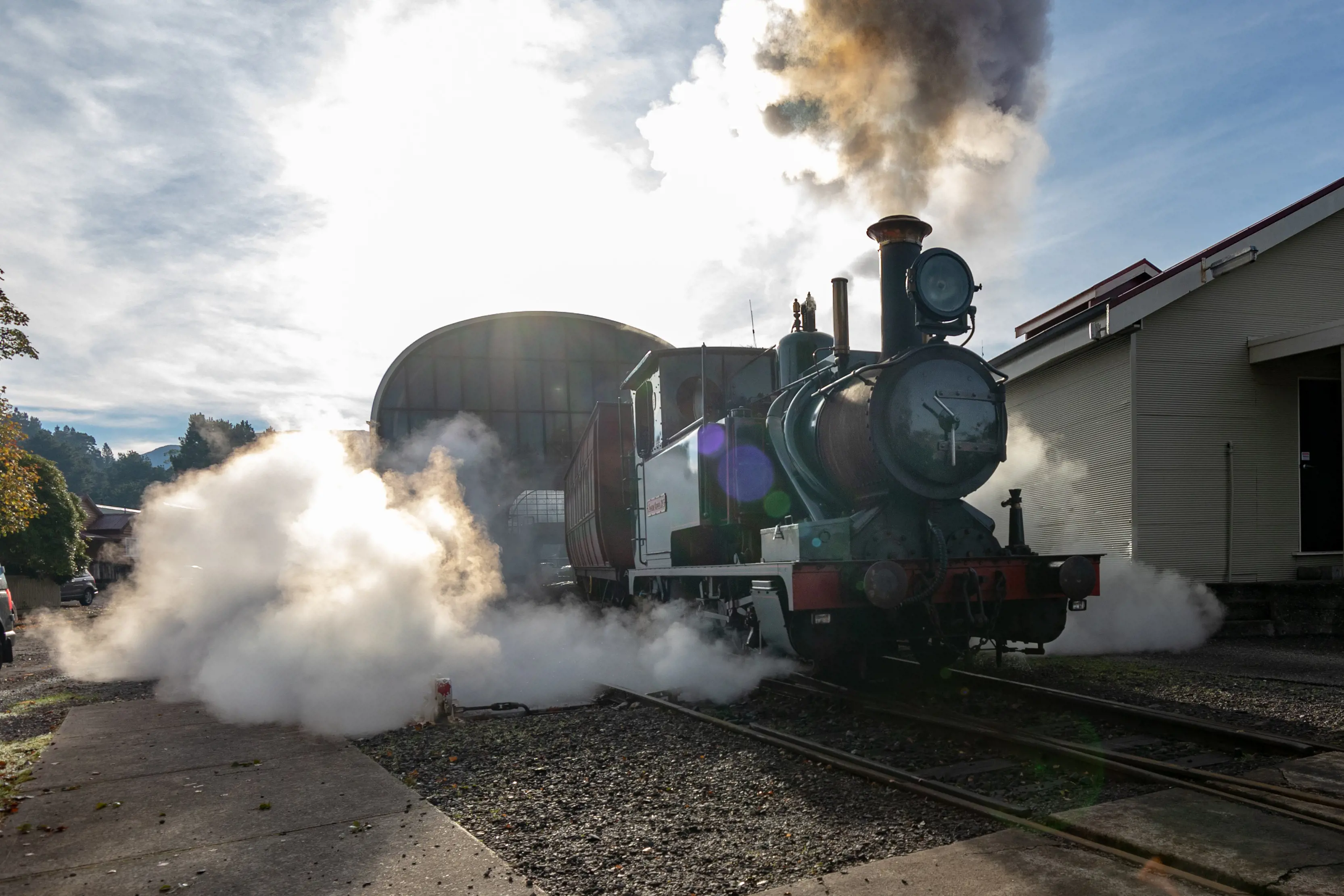 A steam train at The West Coast Wilderness Railway, a reconstruction of the Mount Lyell Mining and Railway Company railway.