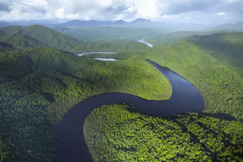 Breathtaking aerial shot of the Gordon river weaving through hills and vibrant green forests.
