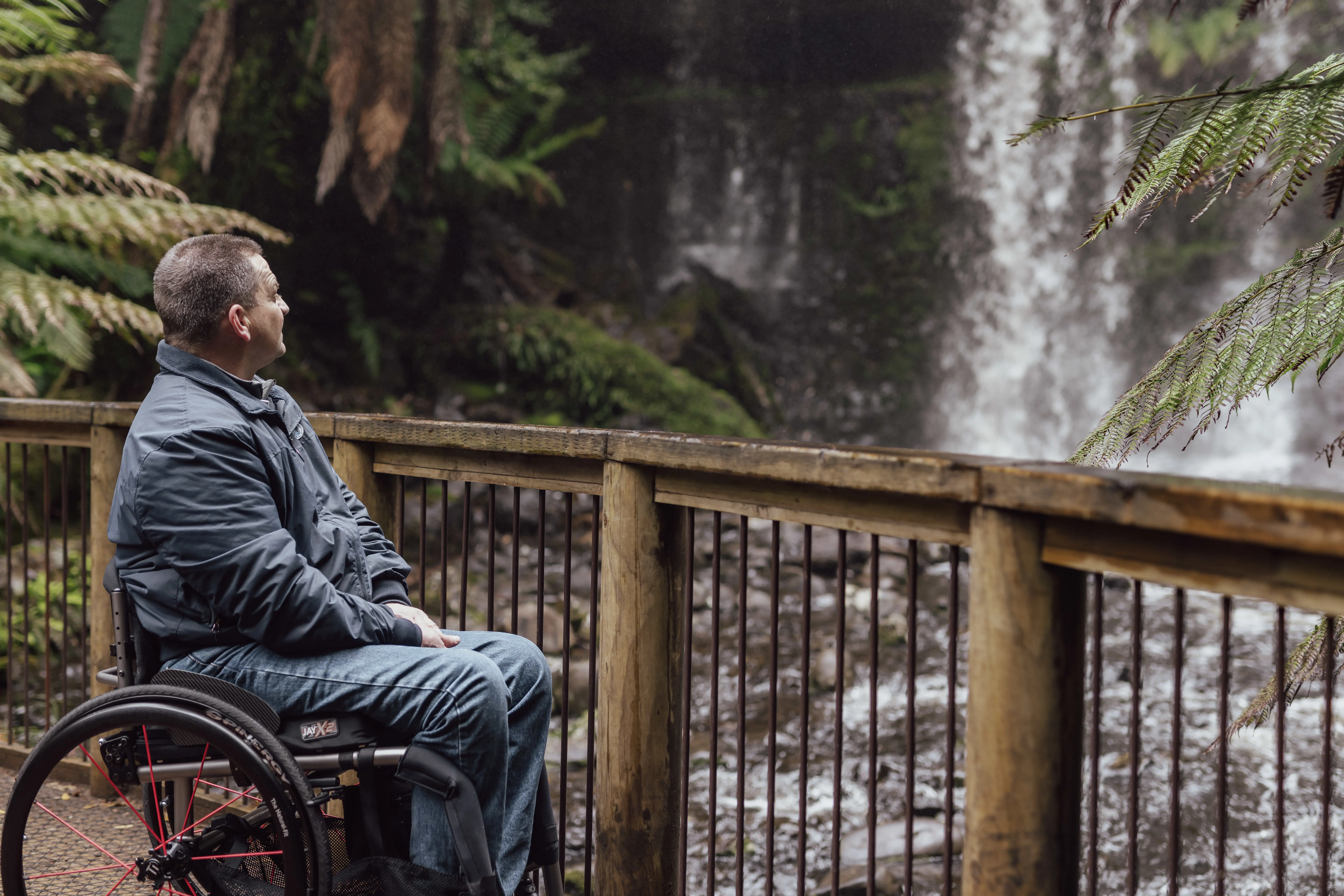 Man in a wheelchair looking at the Russell Falls