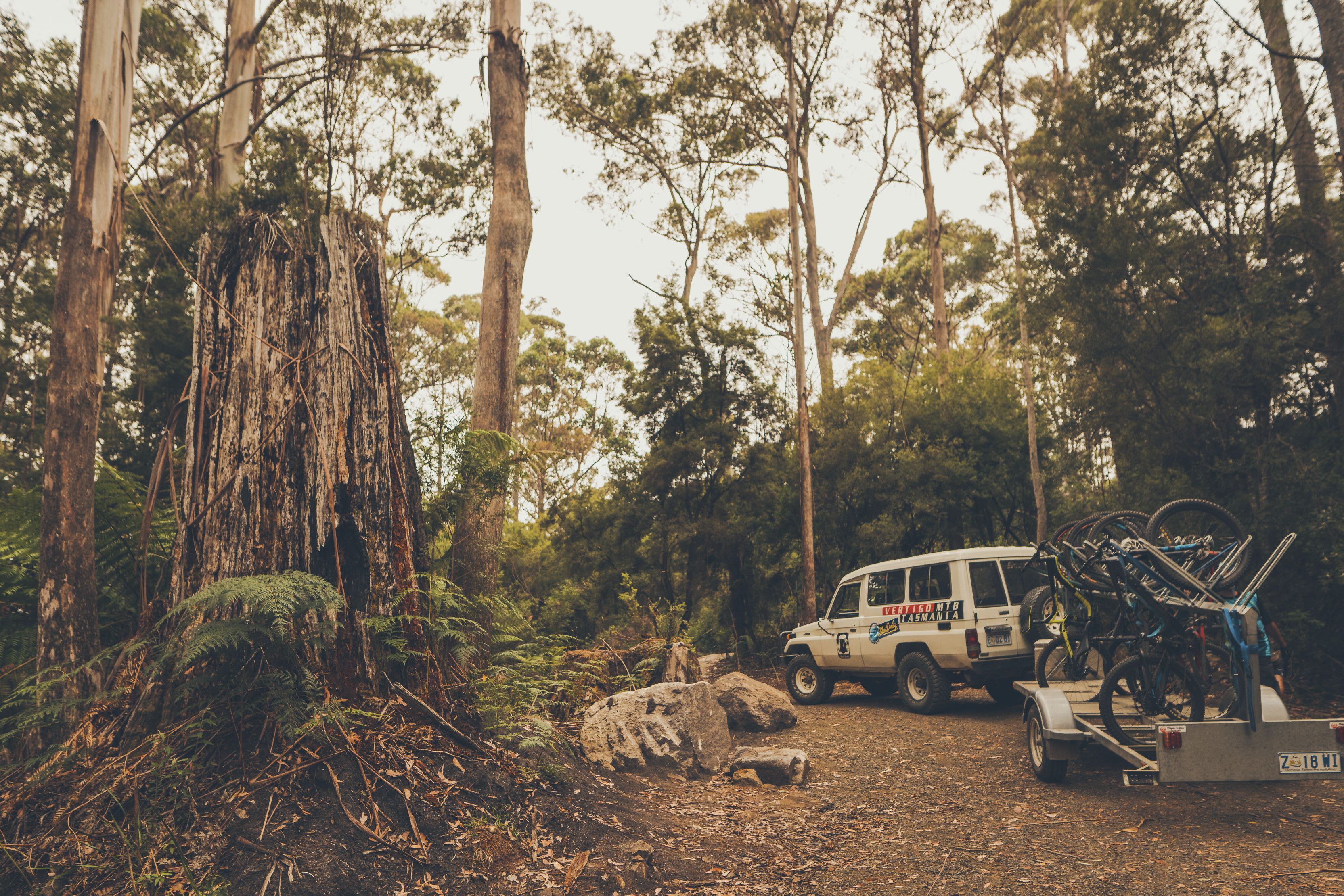 Image of a VertigoMTB car with a trailer attached of a plethora of mountain bikes, surrounded by bushland.