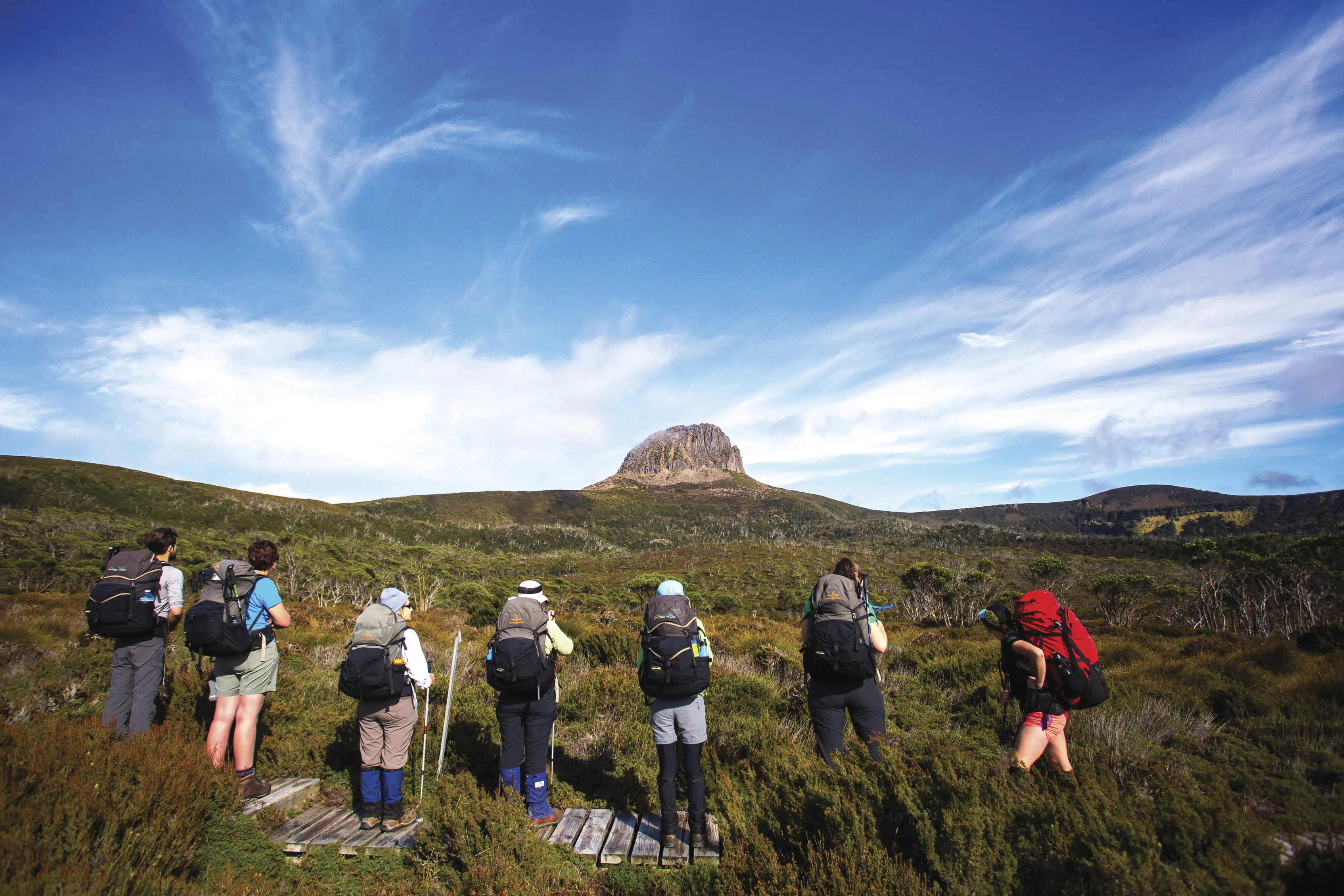 Seven hikers walking along the Cradle Mountain Huts Walk, taking in the stunning scenery.