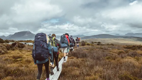 Incredible scene of a group of hikers walking along the Overland Track, surrounded by untouched land.