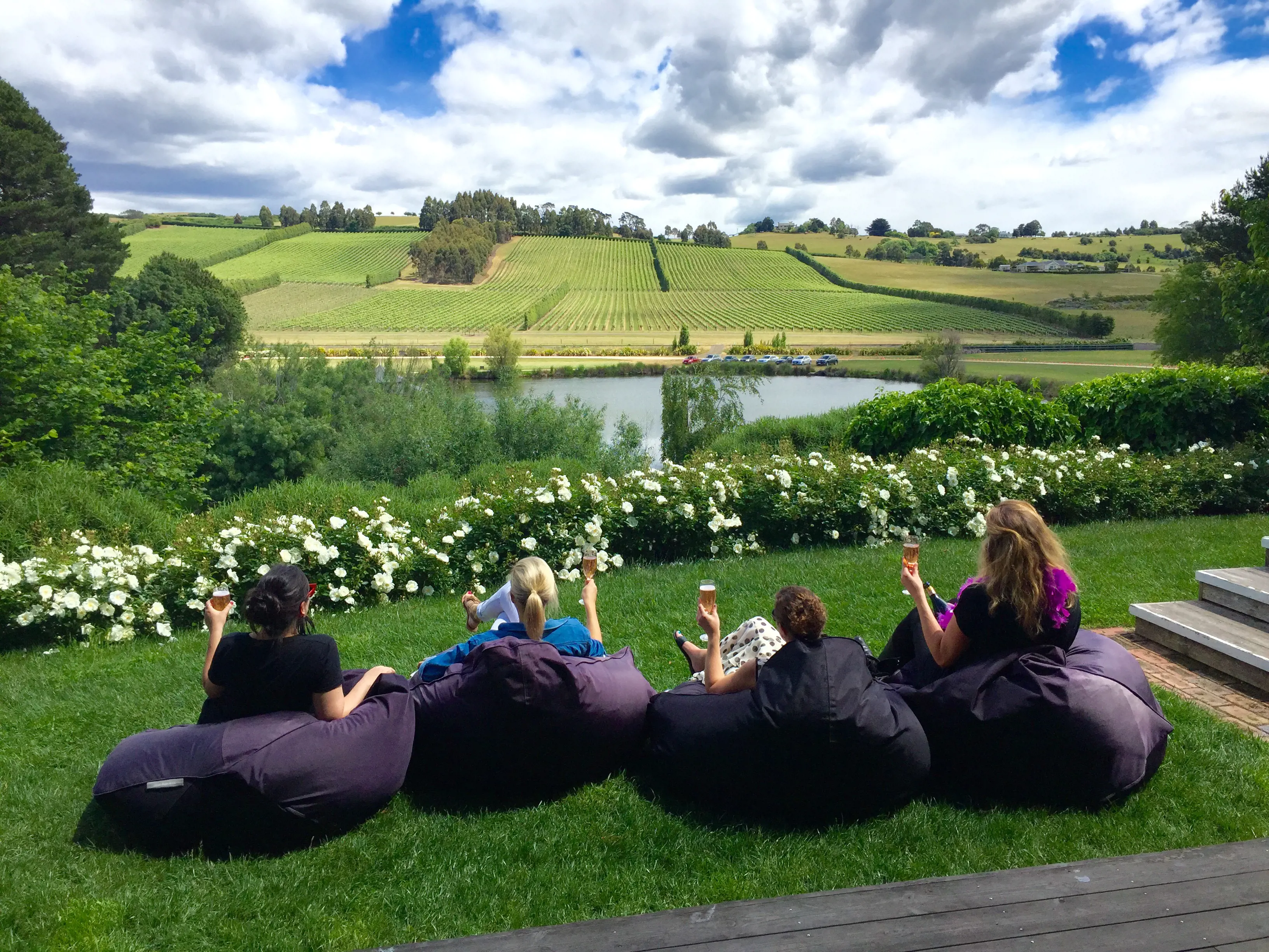 Four ladies enjoy a glass of wine while sitting in comfy bean bags at Josef Chromy Wines - Effervescence Tasmania, looking out to the lush greenery.