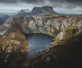 Jaw-dropping and moody aerial image of Crater Lake, Crater Mountain. 
