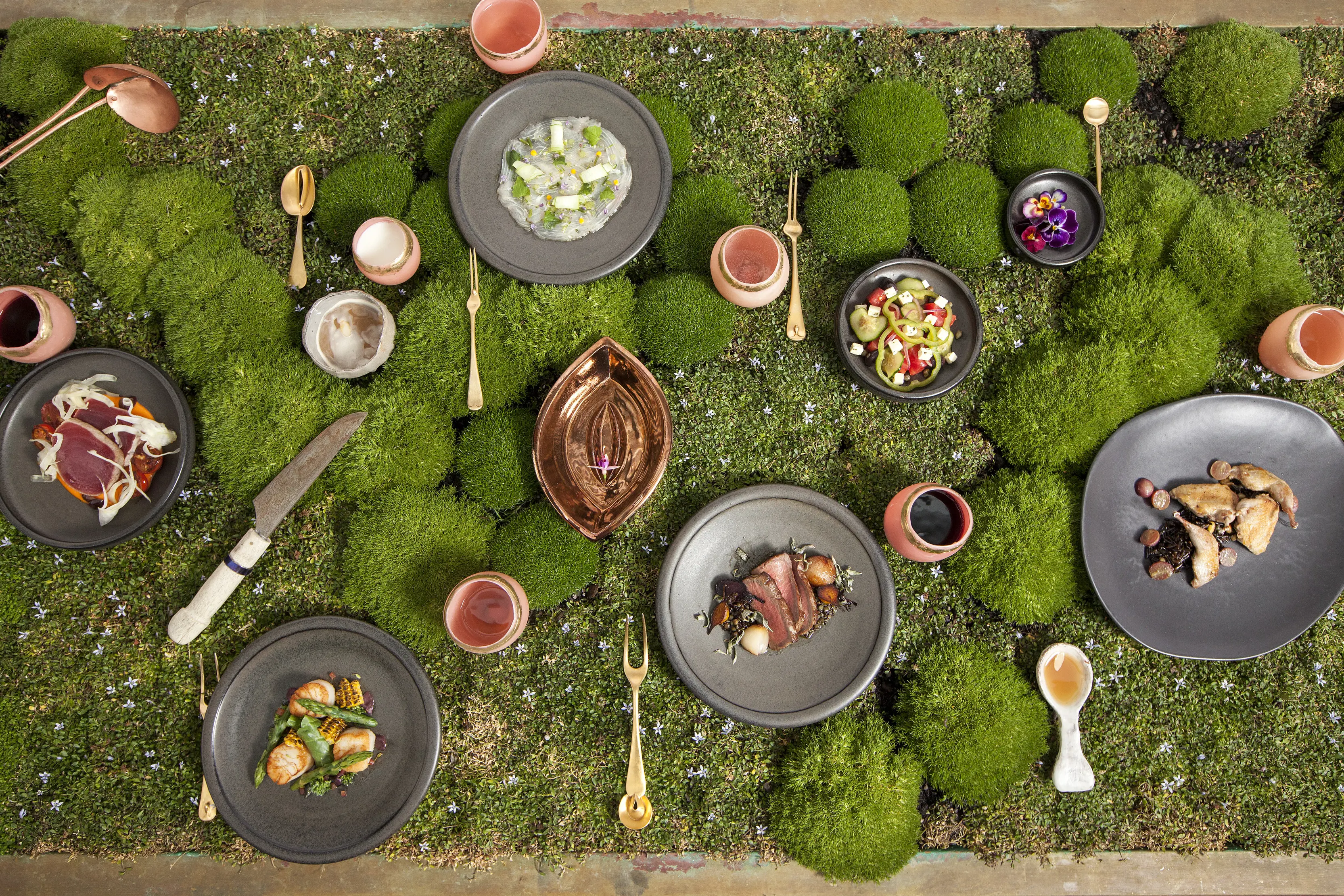 Aerial shot of food and cutlery on a table covered with living moss-and-herb at The Source Restaurant, Mona.