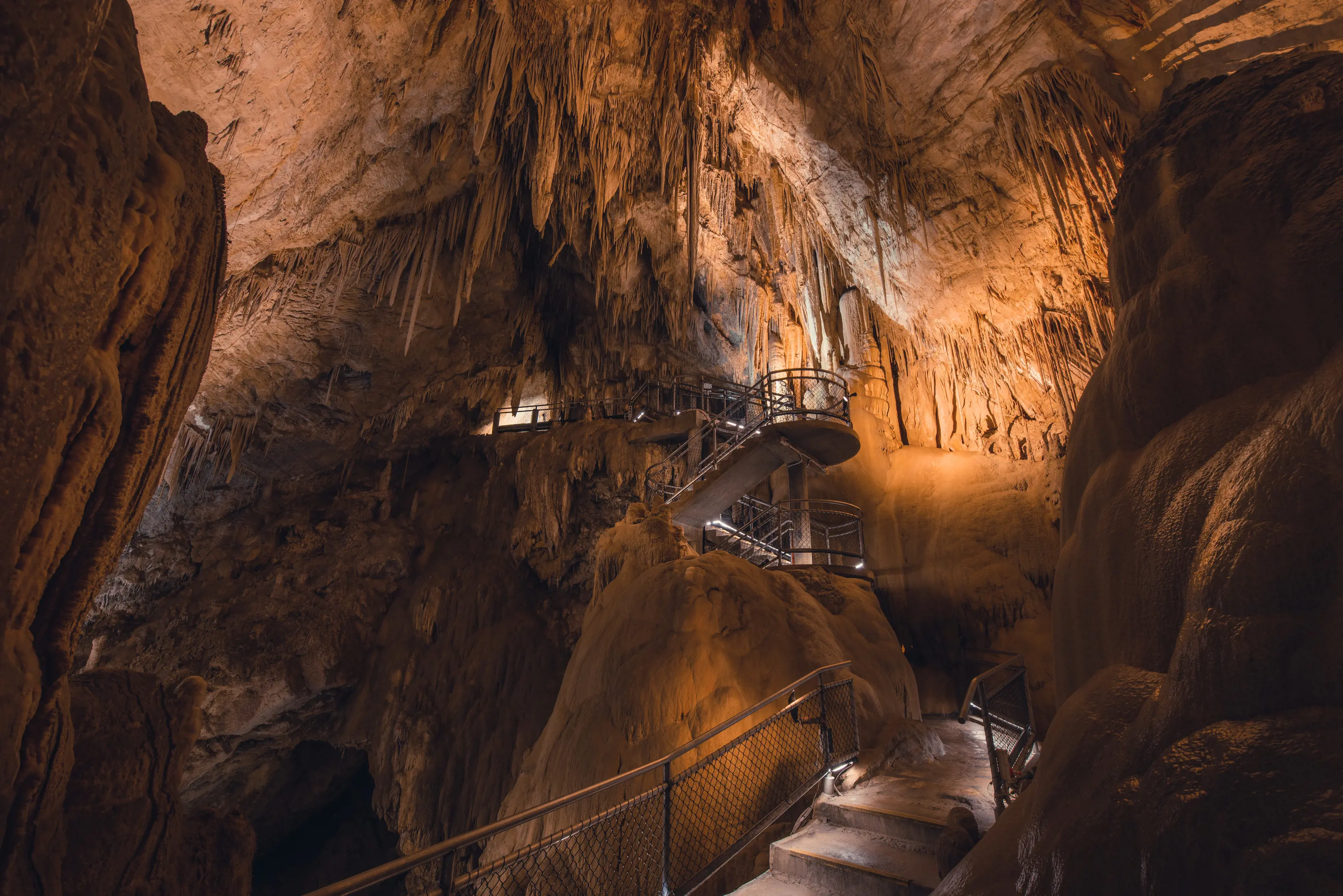 Stunning image inside cave of Newdegate Cave, surrounded by intriguing geological formations including large stalagmites from the roof.