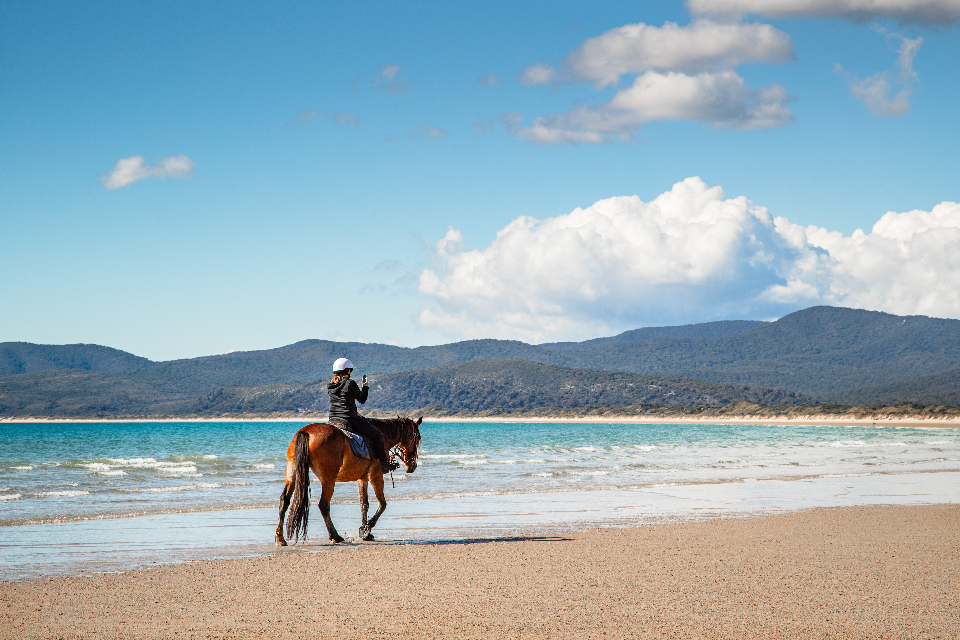 "Stunning image of a person horse riding on Bakers Beach, Narawntapu National Park, taken on a clear, sunny day. "