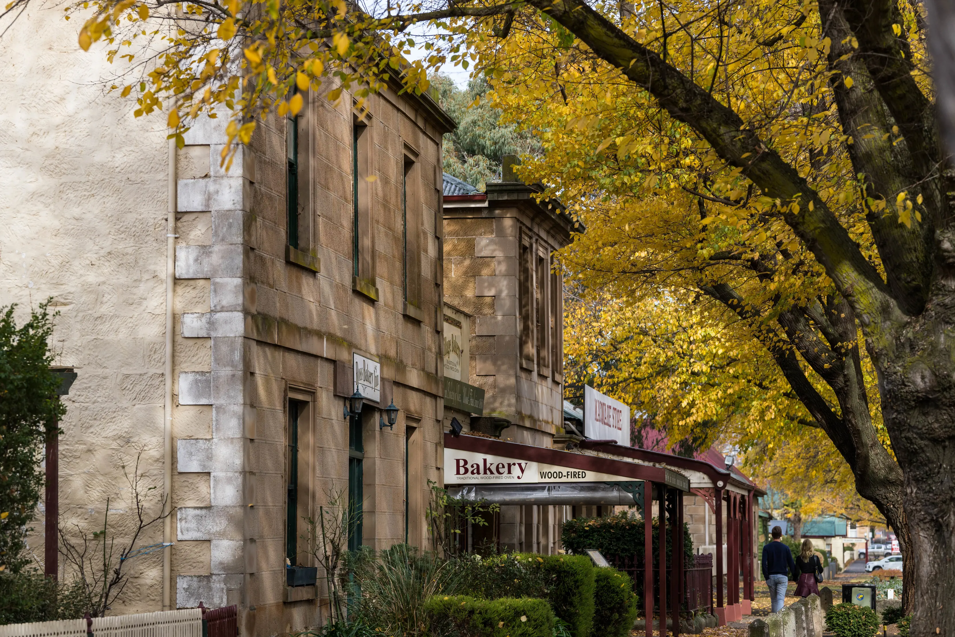 Yellow autumn trees cover Church St, Ross, with old sandstone buildings to the left of the image which include a bakery.