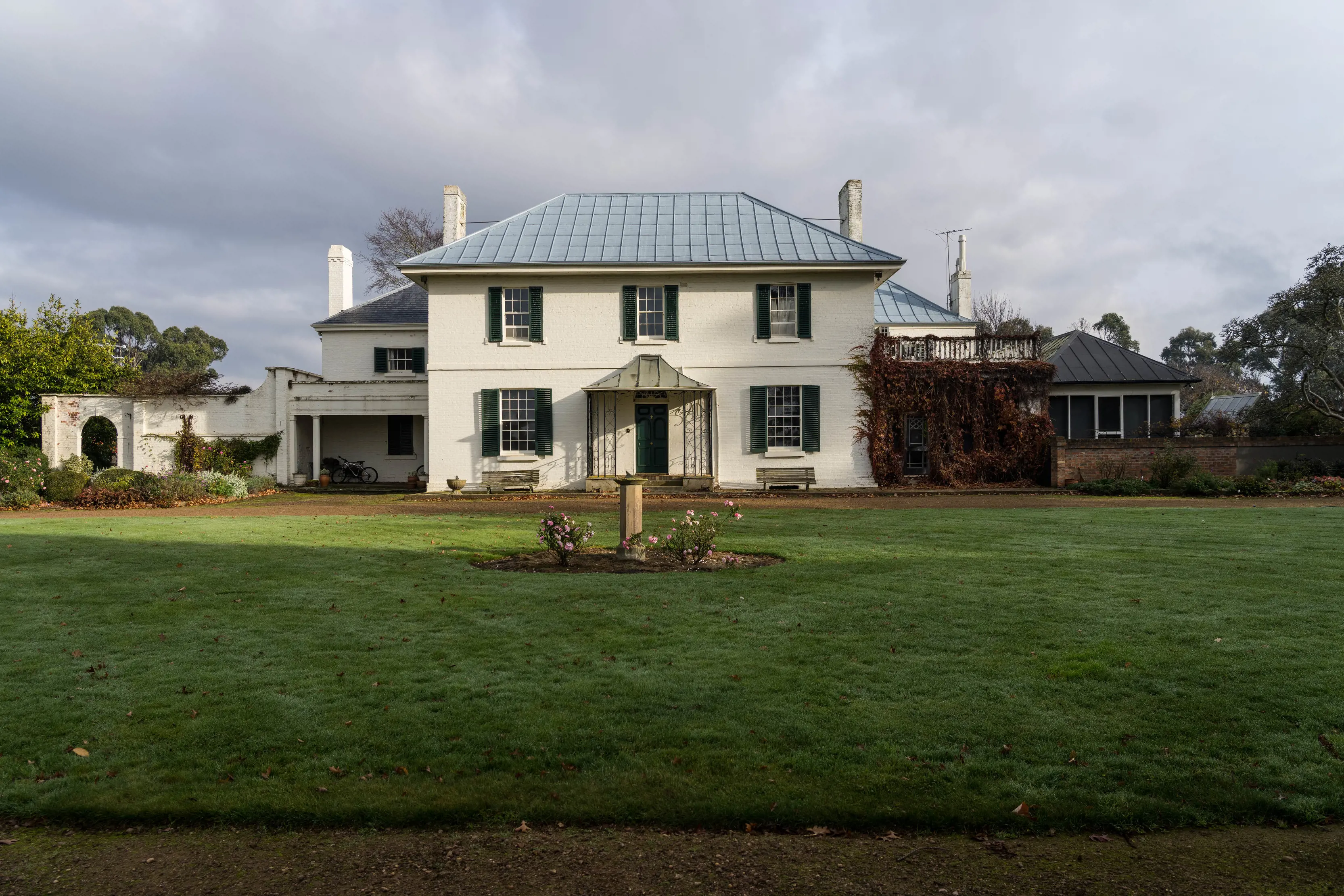 Exterior front on shot of Brickendon Estate, one of Tasmania's oldest farming properties.