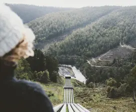 Image of a person in the foreground overlooking the penstocks feeding the Tarraleah Power Station, a hydroelectric power station located in the Central Highlands.