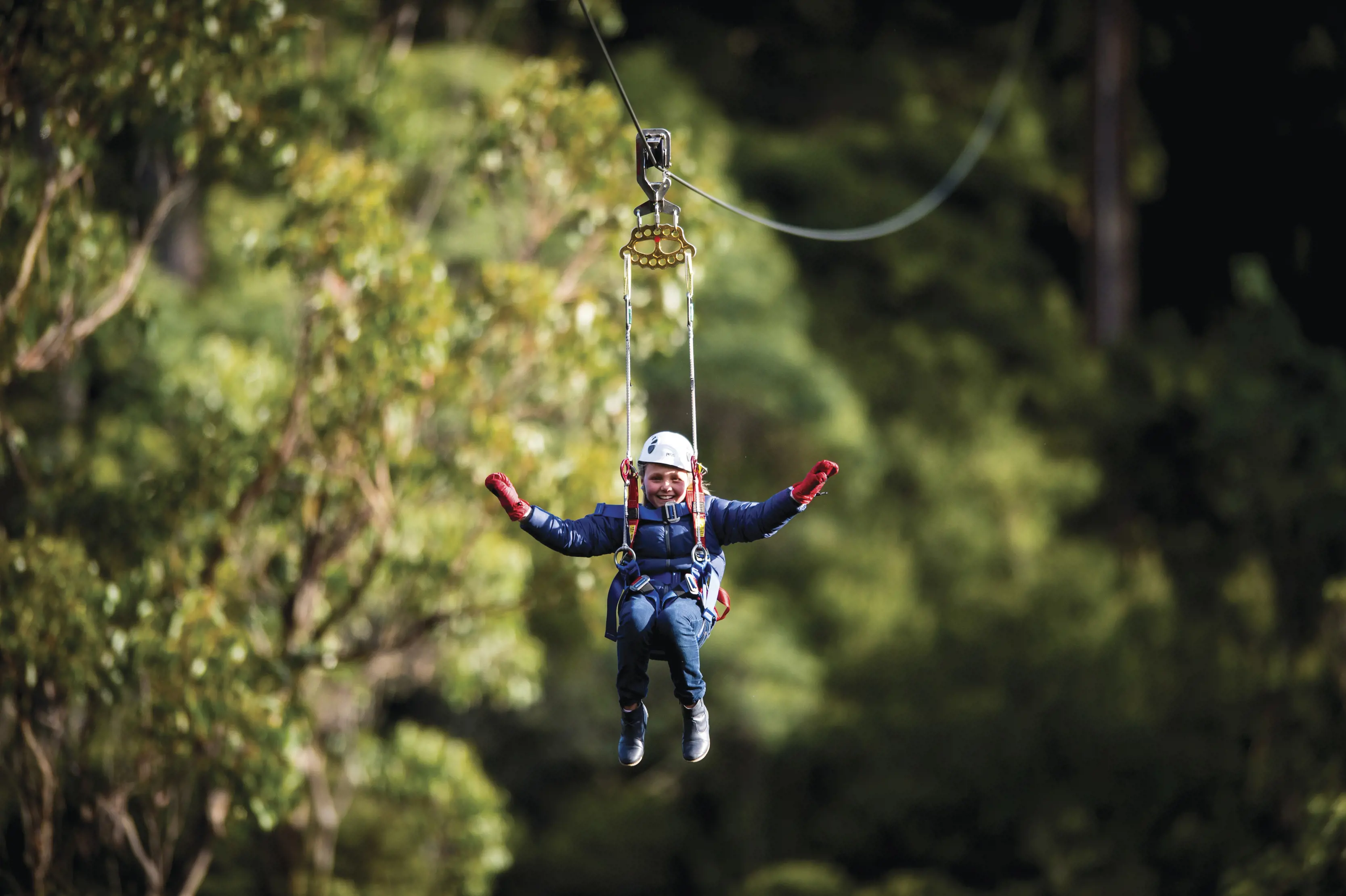 Kid on the flying ziplines, smiling with their arms out to the side, located at the Hollybank Wilderness Adventures.