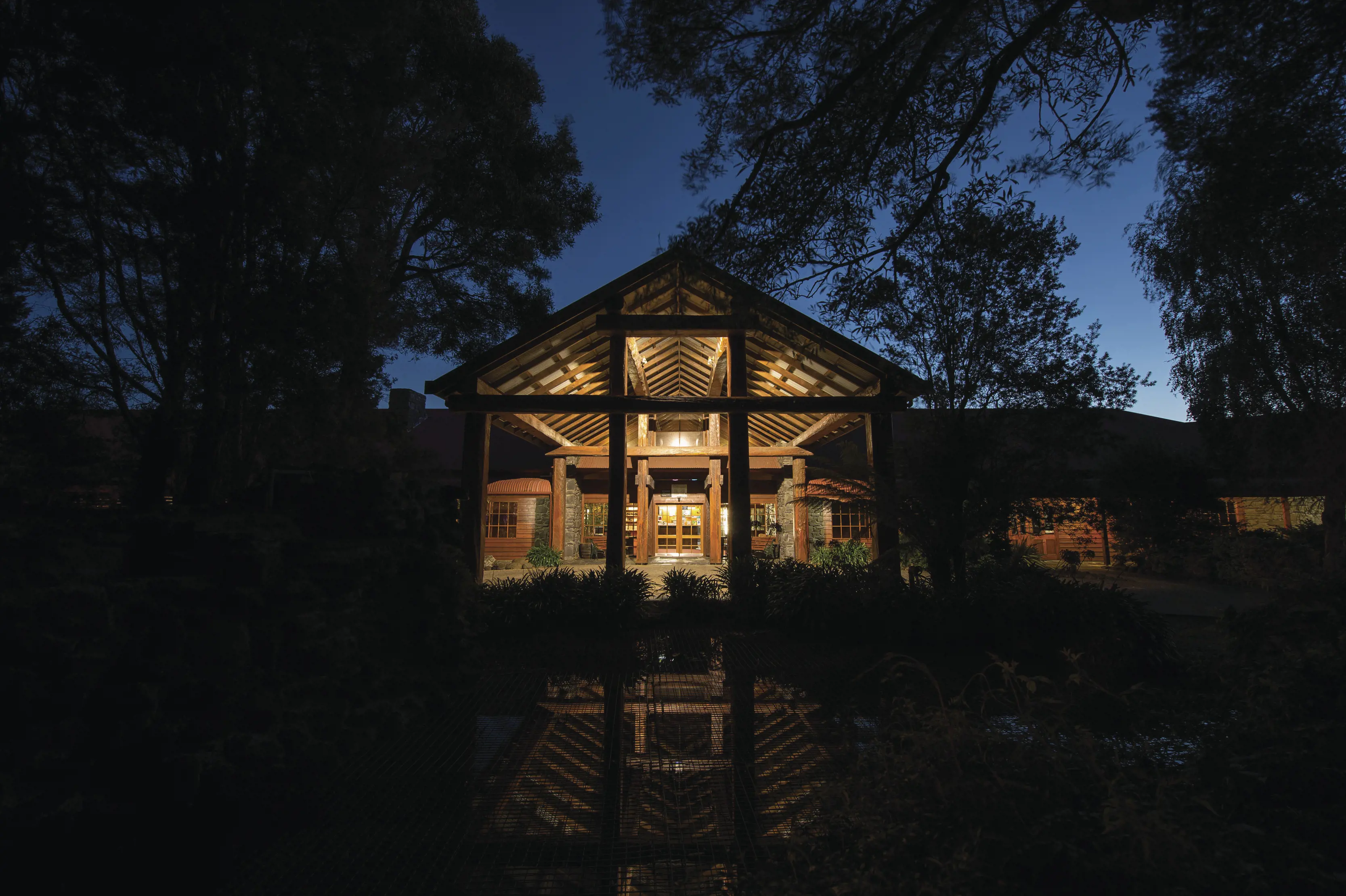 Incredible image taken at night, of the Tall Timbers Hotel.