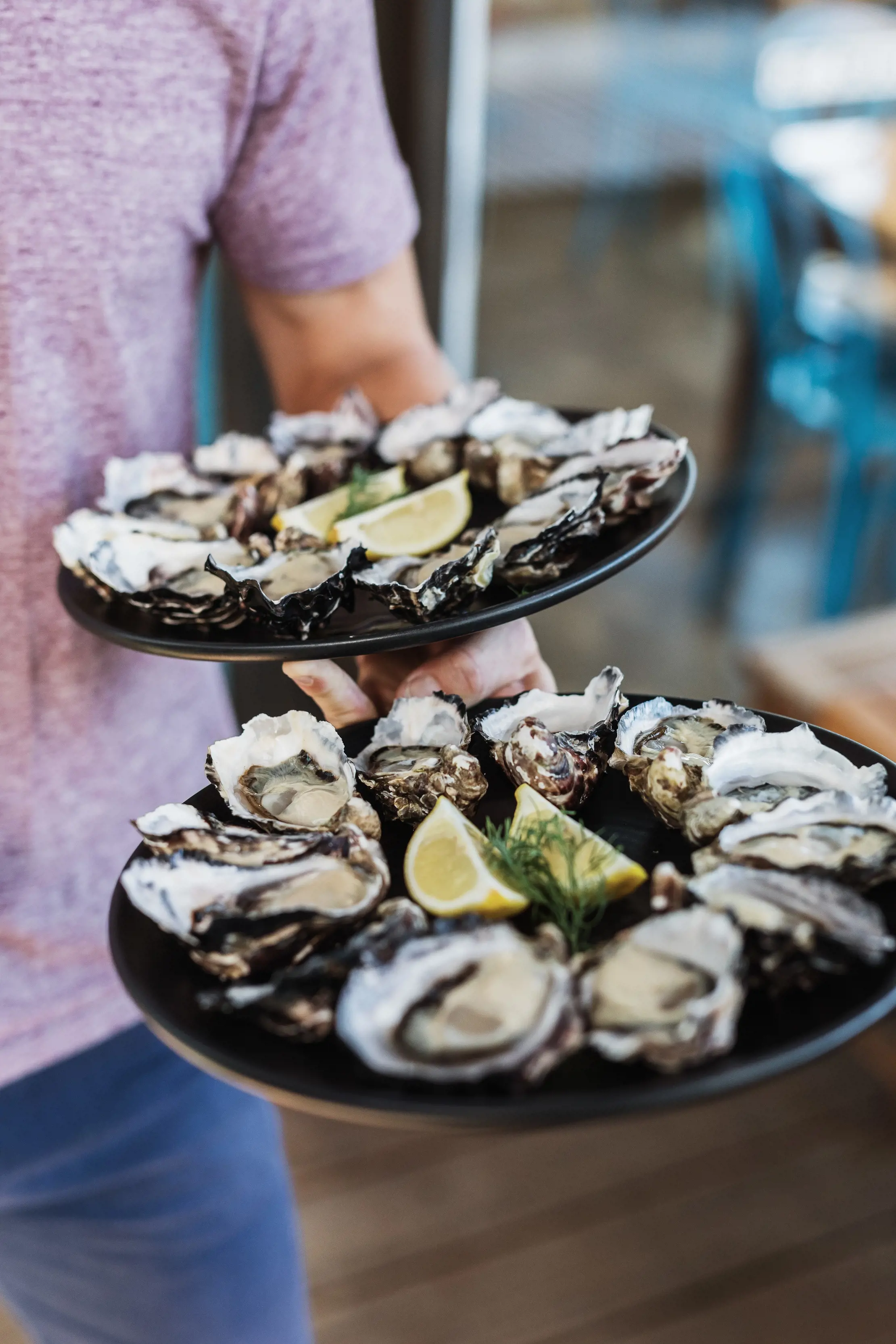 Close up of person holding two platters full of oysters with lemon wedges at Get Shucked - Bruny Island Oysters.