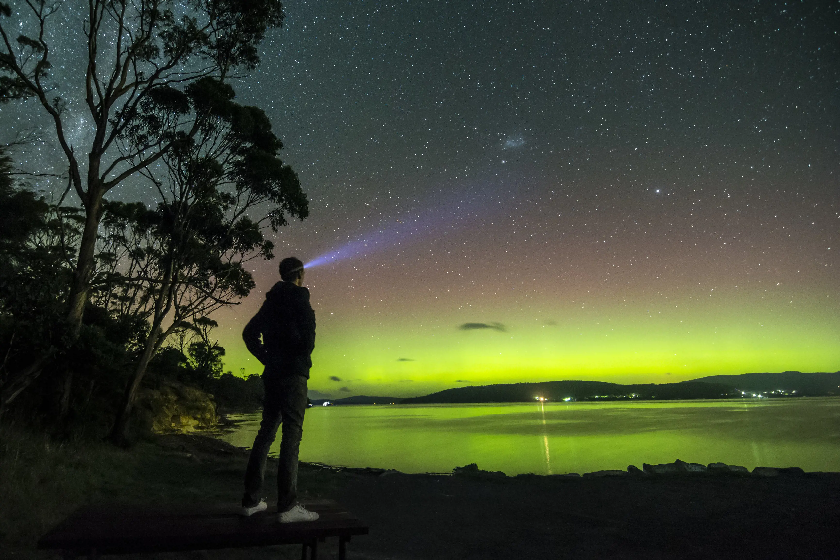 A man at night time looking at the Aurora Australis, Howden